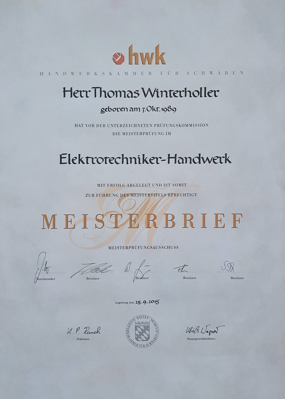 Meisterbrief im Elektrohandwerk Thomas Winterholler
