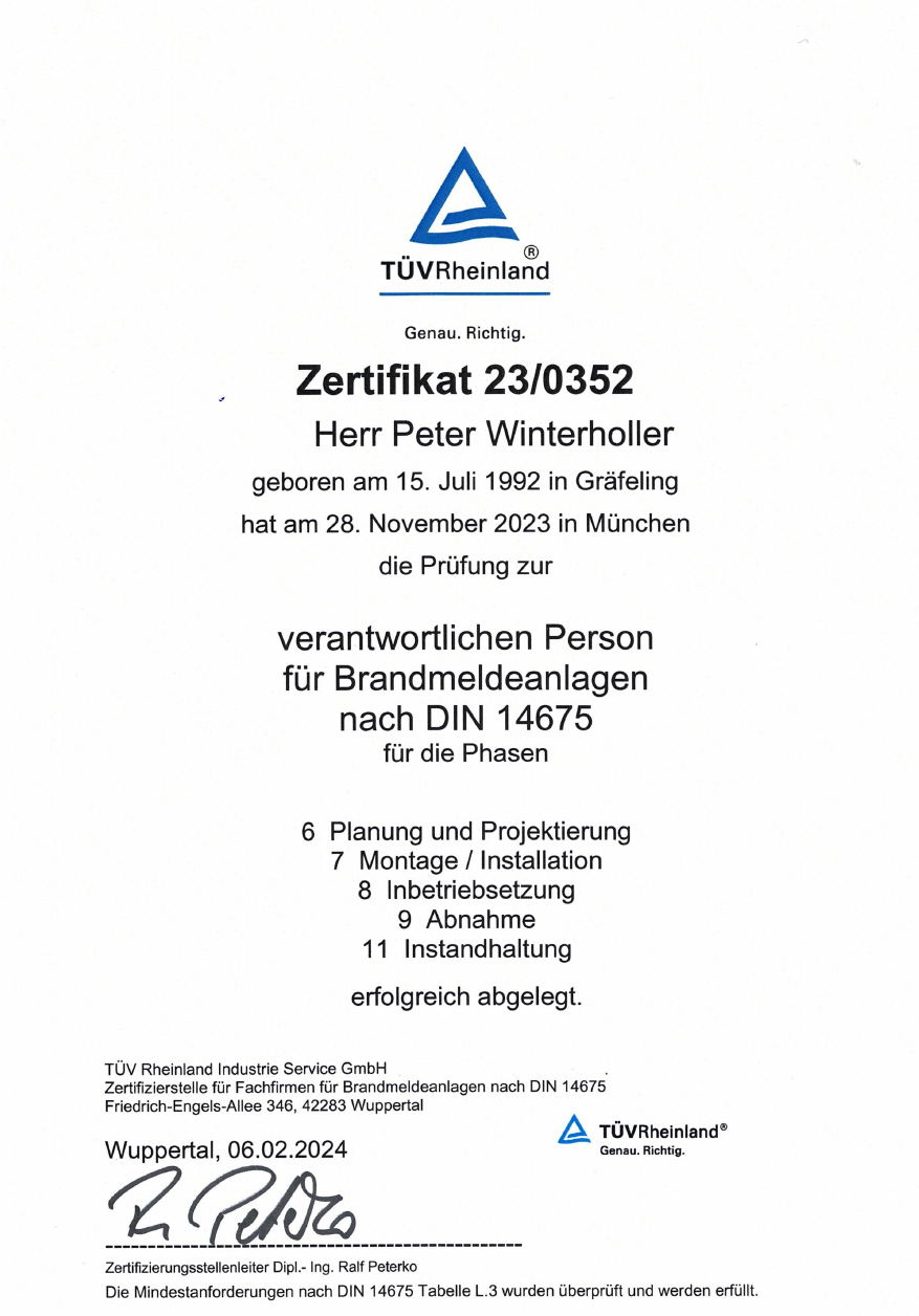 Zertifikat Peter Winterholler verantwortliche Person nach DIN 14675 für BMA