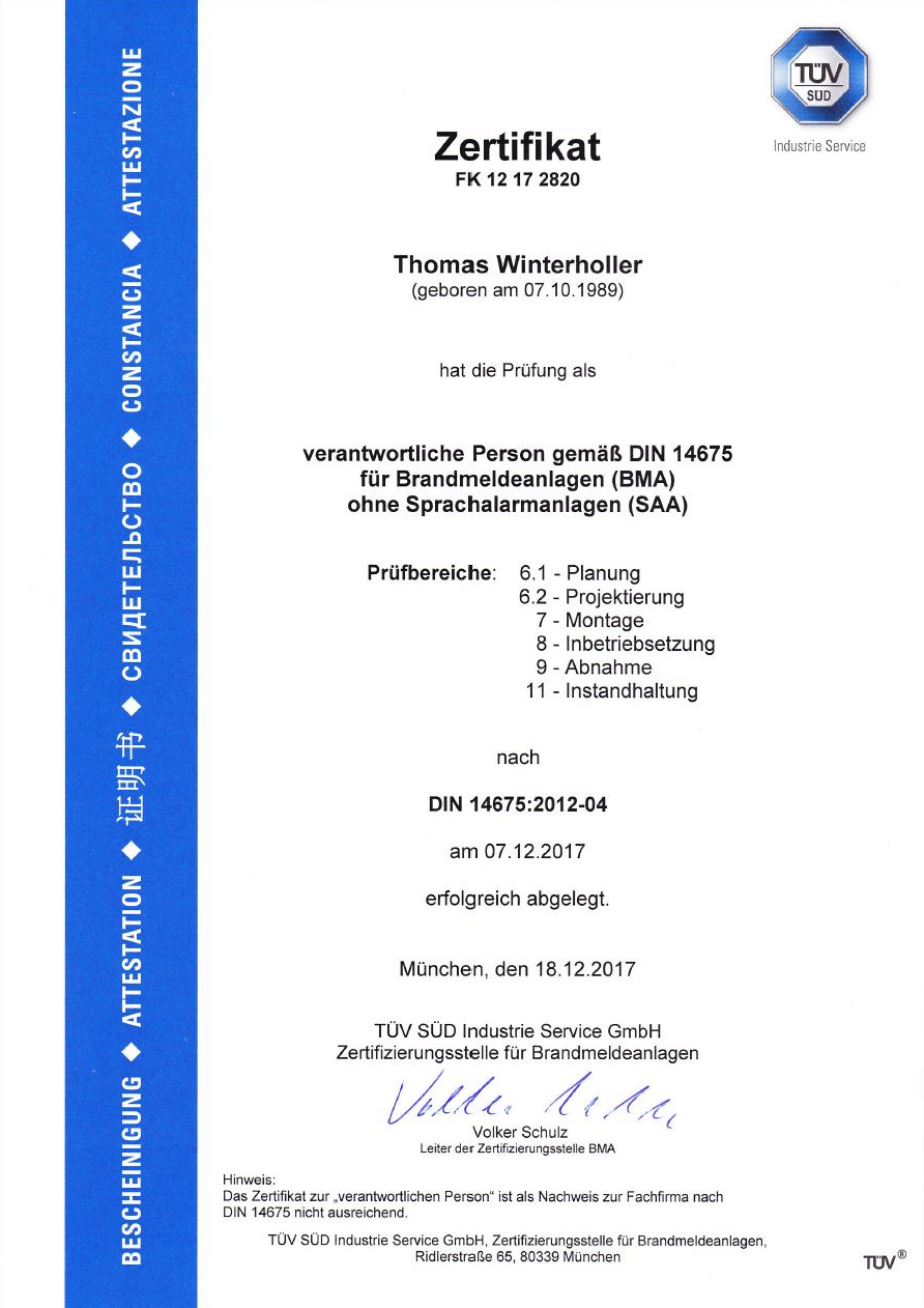 Zertifikat Thomas Winterholler verantwortliche Person nach DIN 14675 für BMA