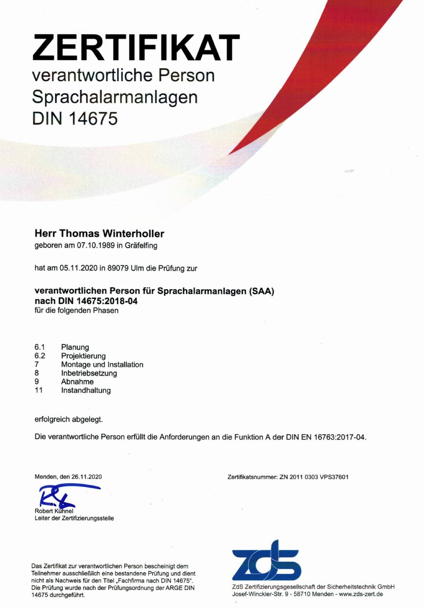 Zertifikat Thomas Winterholler verantwortliche Person nach DIN 14675 für SAA